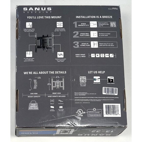 SANUS Vuepoint Tilting TV WALL MOUNT 13"-32" 35lb Capacity Model F11c NIB NEW - Picture 2 of 2